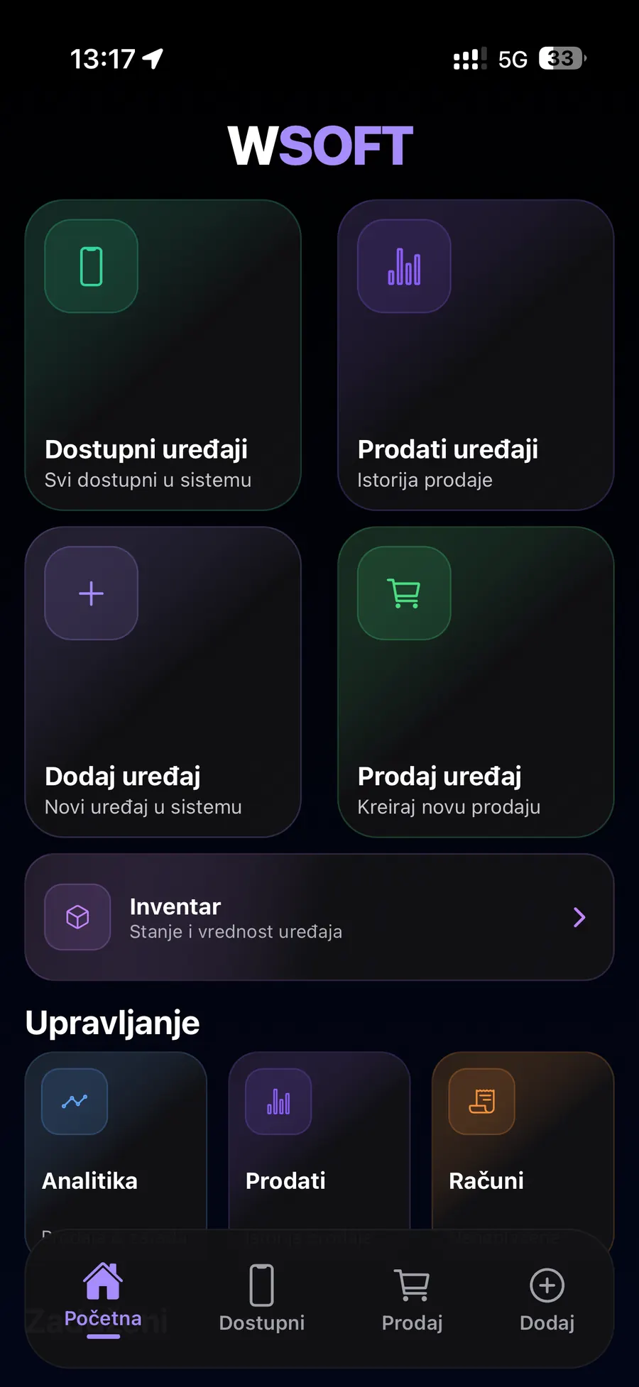 WSOFT početni ekran sa inventarom, prodajom i analitikom