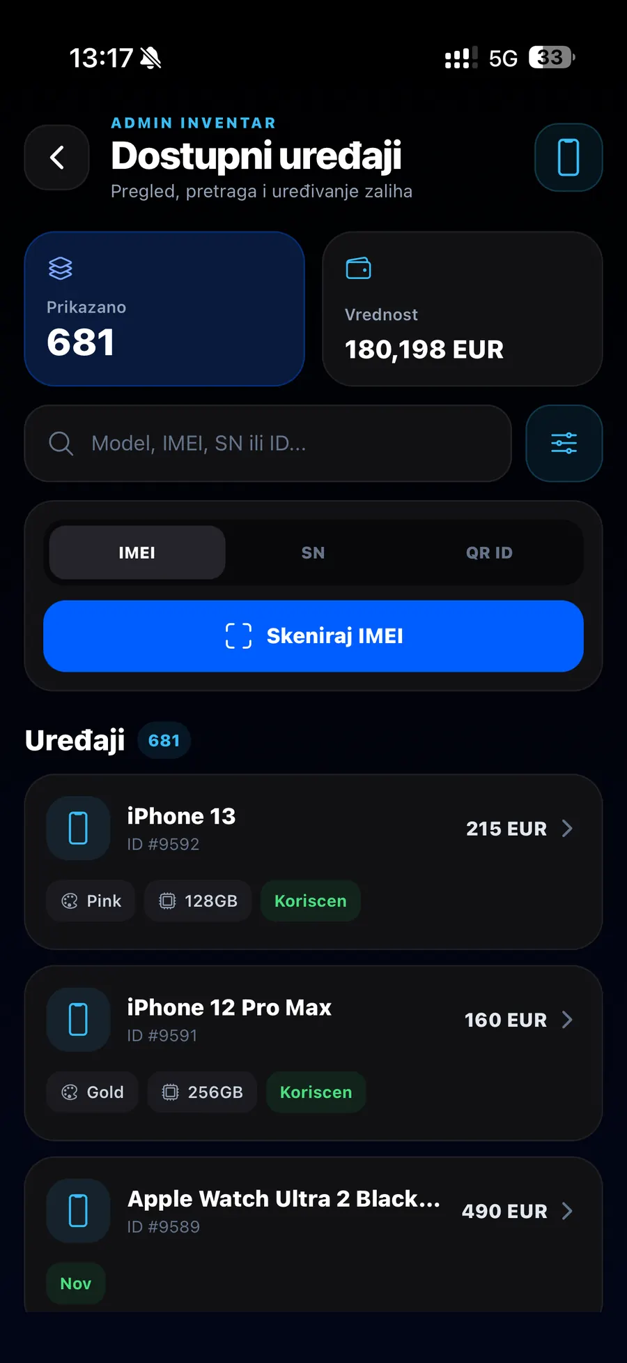 Dostupni uređaji, vrednost lagera i pretraga